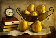 Still Life at 6:15 / A studio still life of pears with burlap, old books and a antiqued clock.